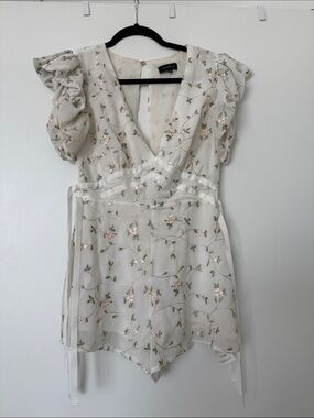 MAJORELLE Ivory Floral Embroidered Romper with Pink and Green Accents